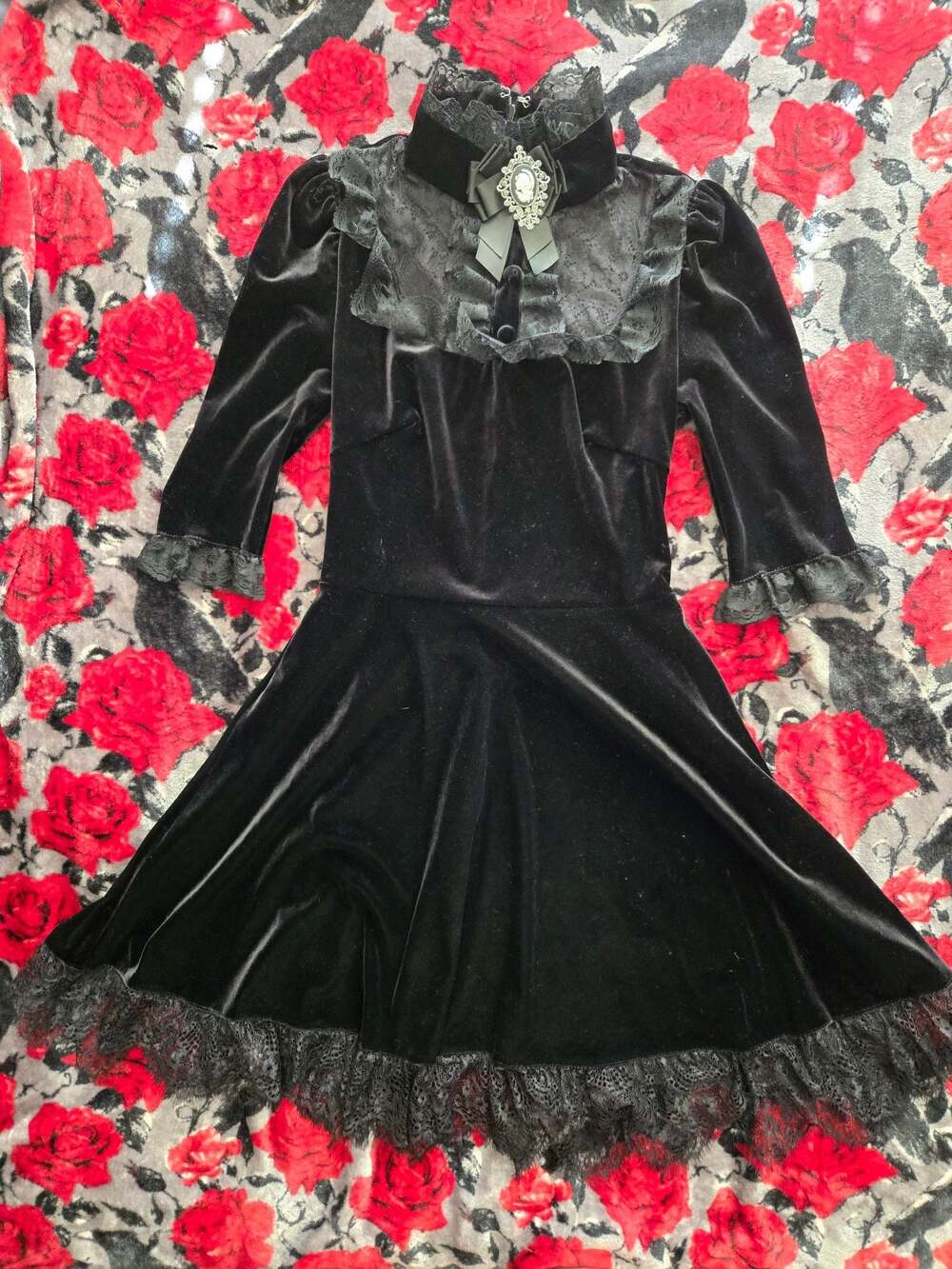Widow Ladyhawke Black Velvet Mock Neck Cameo Dress